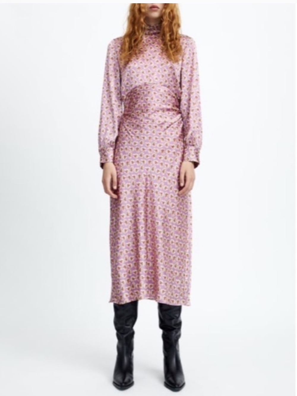 Zara Lavender-Pink Floral High Neck Midi Dress
